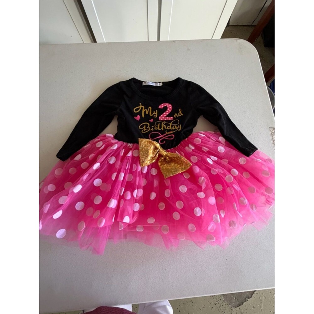 2nd Birthday Pink Polka Dot Tutu Dress with Gold Bow